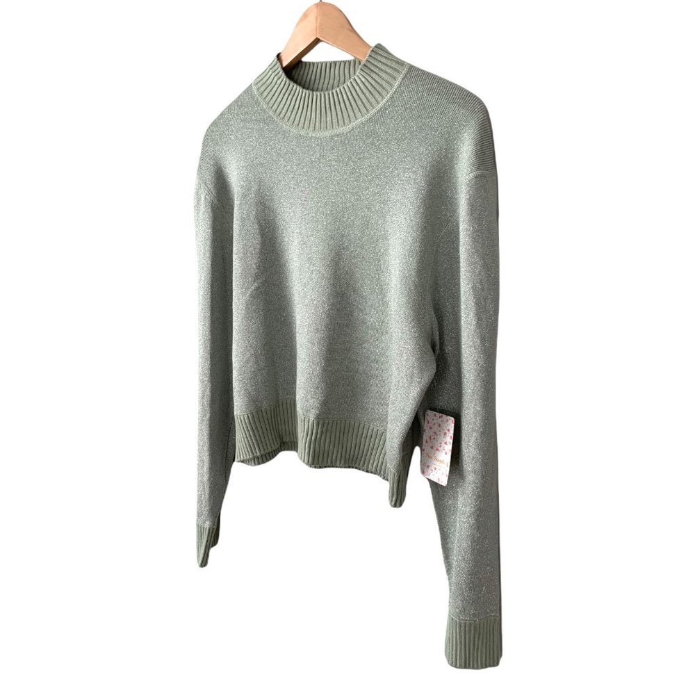 Free People Women's Metallic Glitter Green Mockneck Sweater Medium - Picture 3 of 10